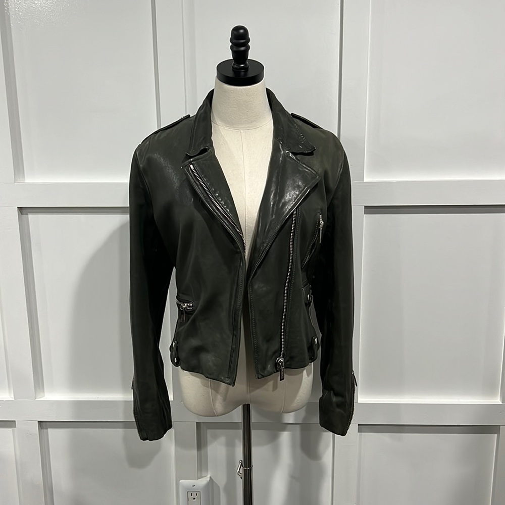 NWT Barbara Bui Olive Green Leather Moro Jacket, 42